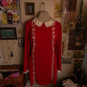 Vintage Embroidered Mini Shift Dress Women's Medium Red White Collared 60s